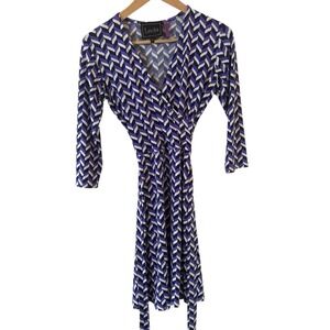 Leota Handmade Abstract Midi Dress SZ Petite Small‎ Purple Modern Glam Tie Waist